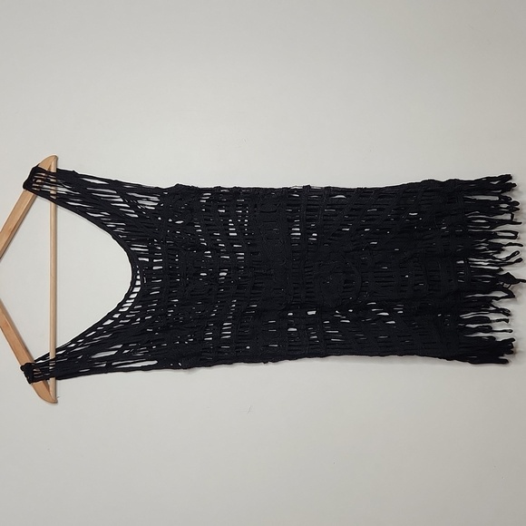Black Crochet Fringe mini Dress Beach Cover Up Women's - Picture 5 of 5